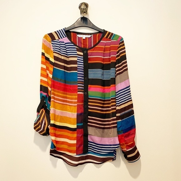 TRINA TURK Silk Multicolored Striped Blouse - P - Picture 1 of 7